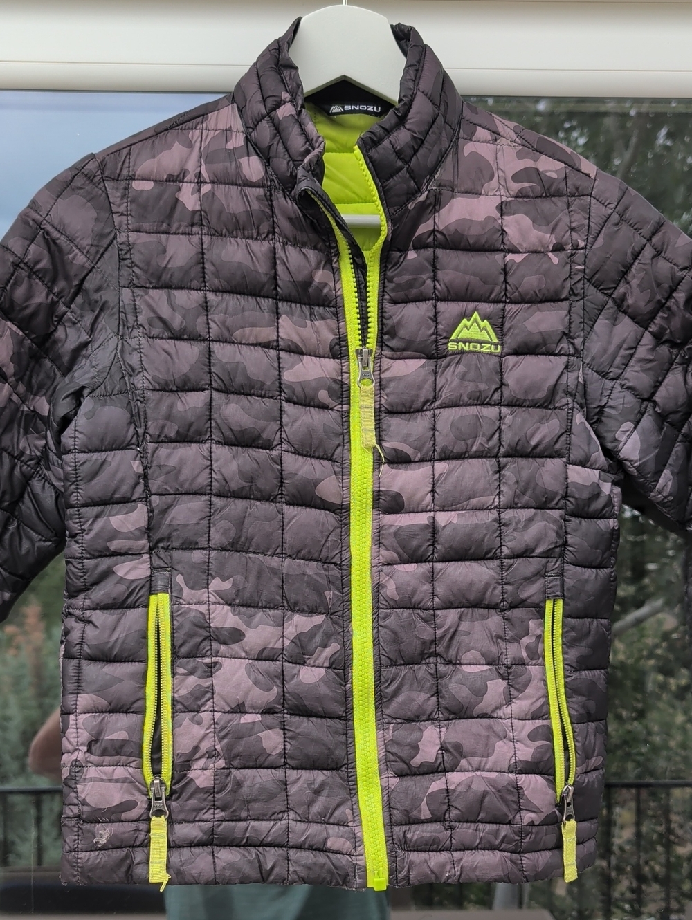 Snozu Gray Camo Quilted Jacket with Neon Lime Trim